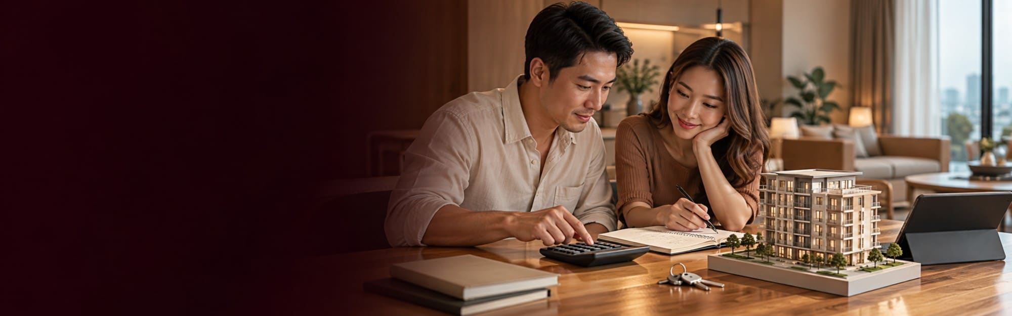An owner and partner working through the numbers beside a scale model