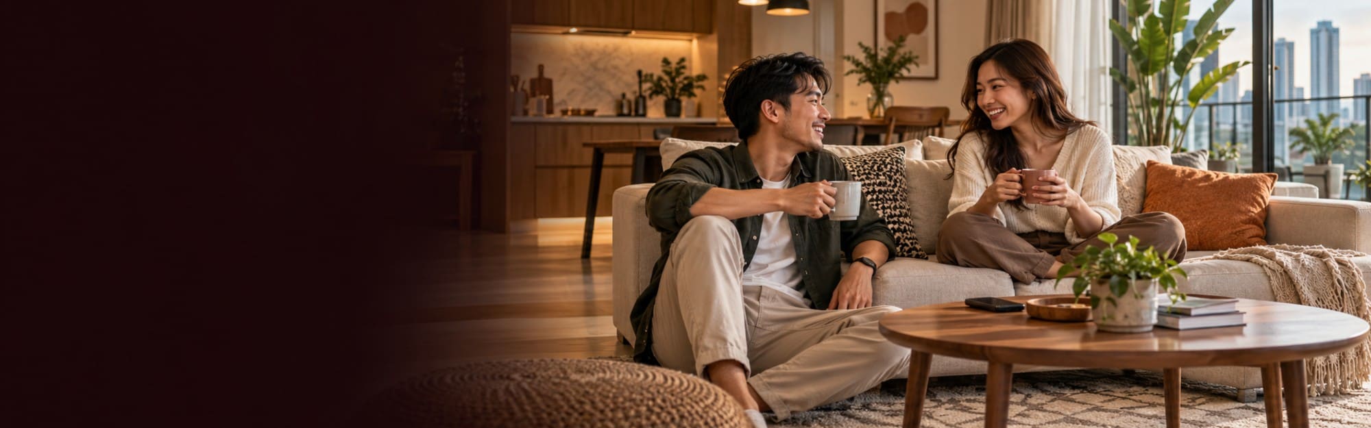Two tenants with coffee in the living area of a finished unit