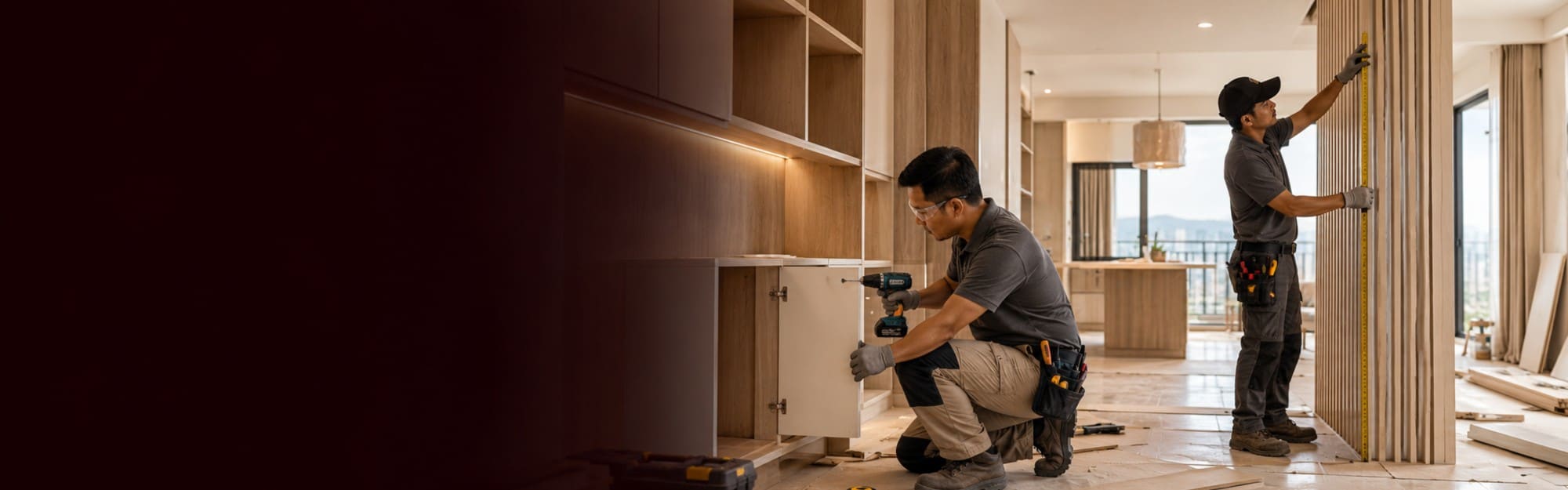 Two fitters installing carpentry in a unit under conversion