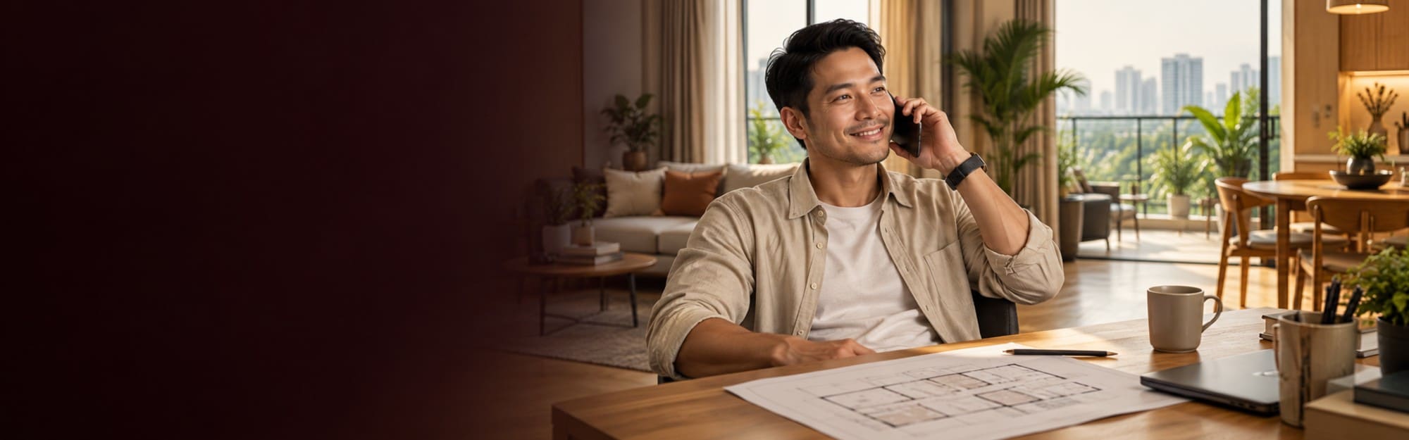 An owner on the phone at the table with a floor plan in front of him