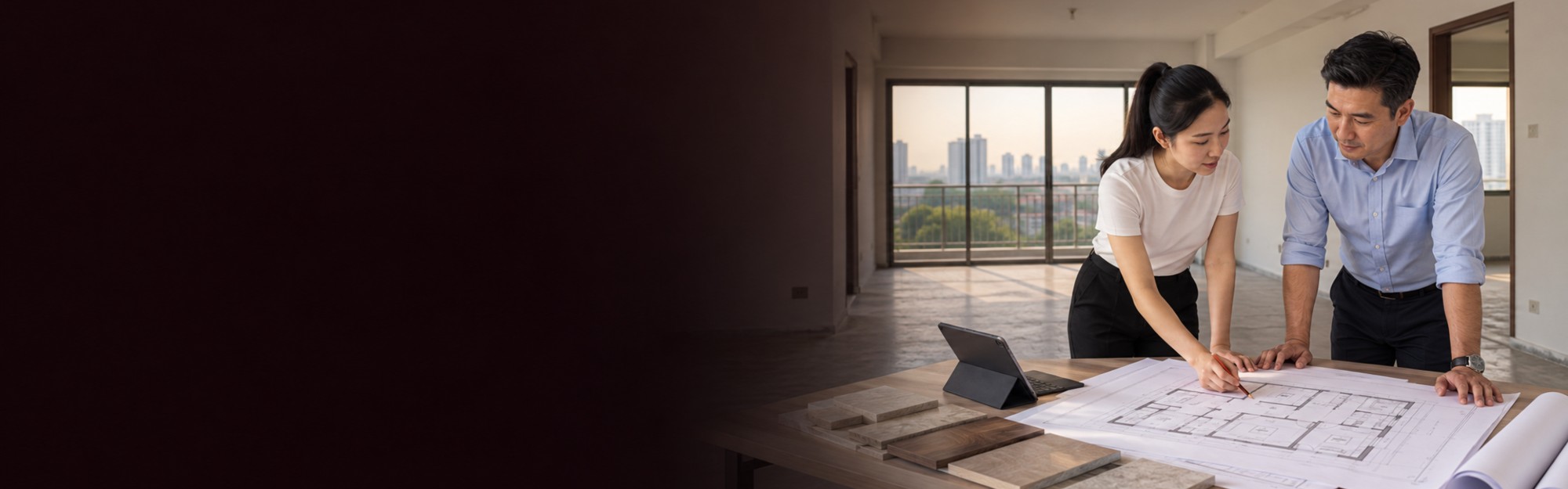 Design: planning the layout over a floor plan and material samples in the empty unit